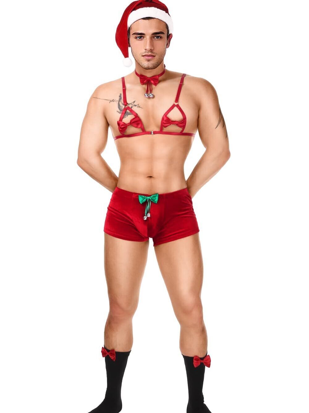 7690 5Pc Christmas Bow Lingerie Santa Outfit, Exotic Apparel Boxer Shorts